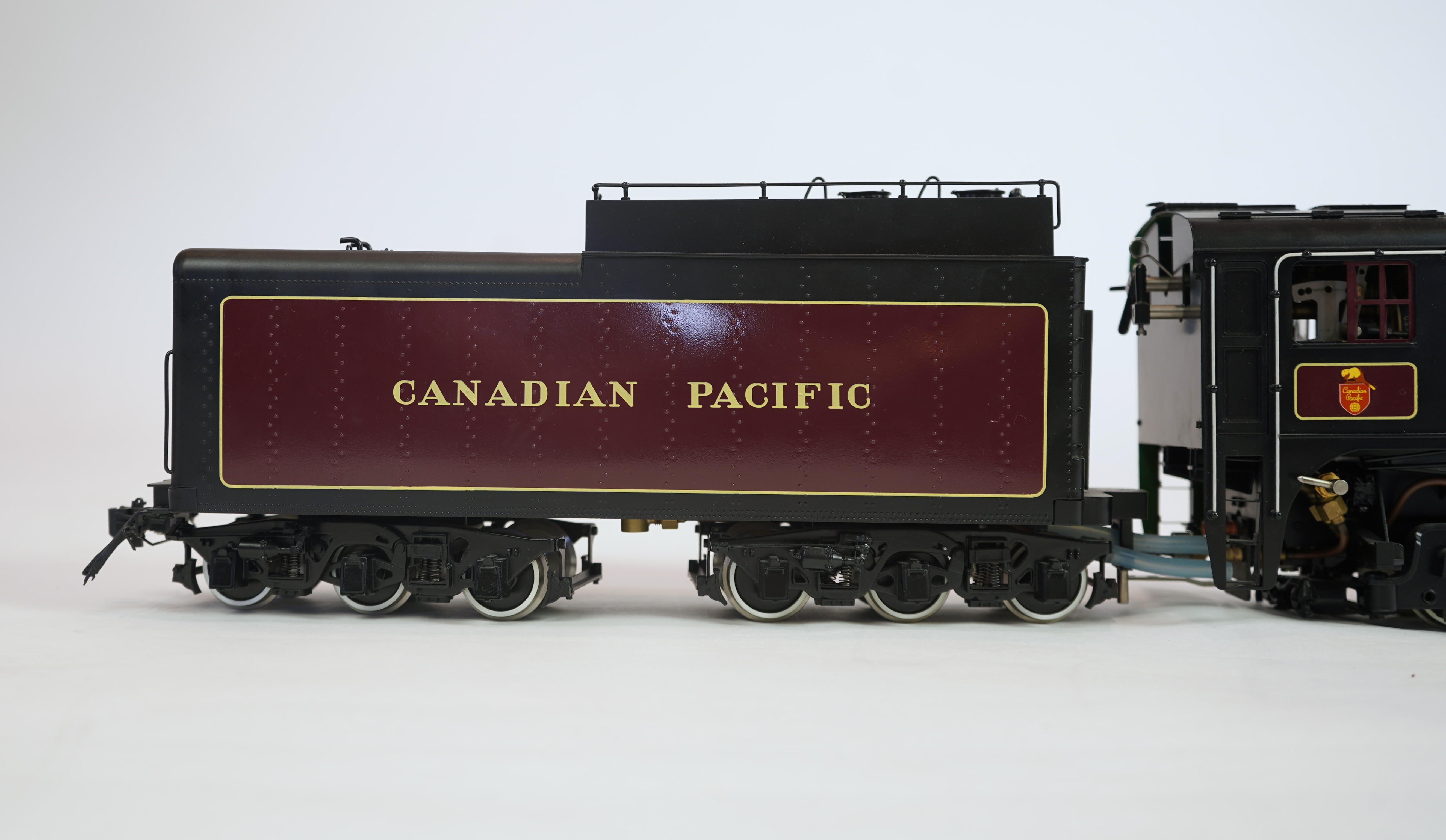 A Gauge One Accucraft Models live steam model of Canadian Pacific 2860, 4-6-4 locomotive with bogie tender, spirit fired working two cylinder motion, hand pump and axle pump, etc.